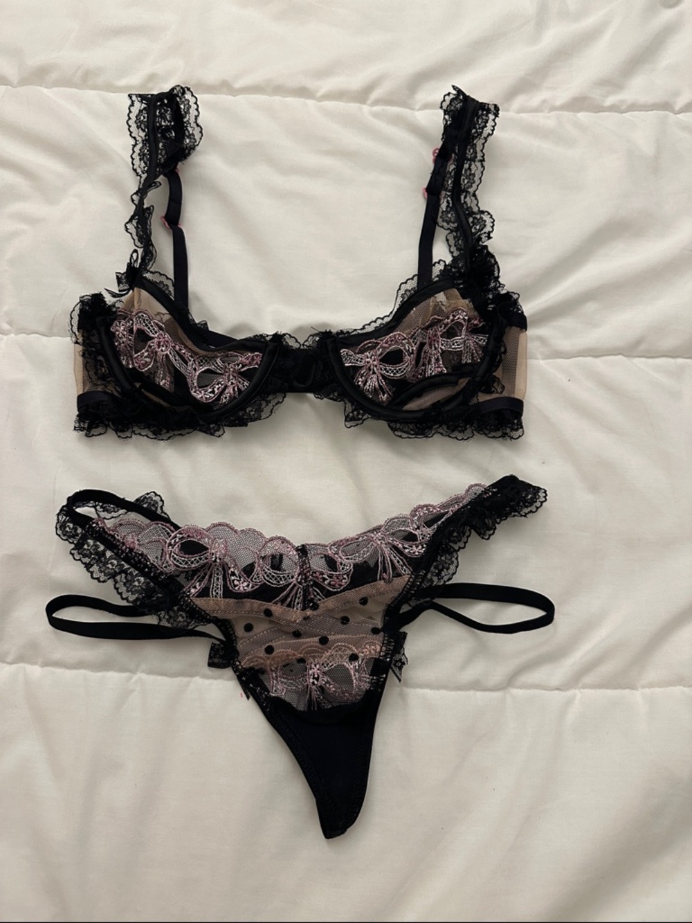 For Love & Lemons Black Sheer Lace Bra and Thong with Pink Embroidery
